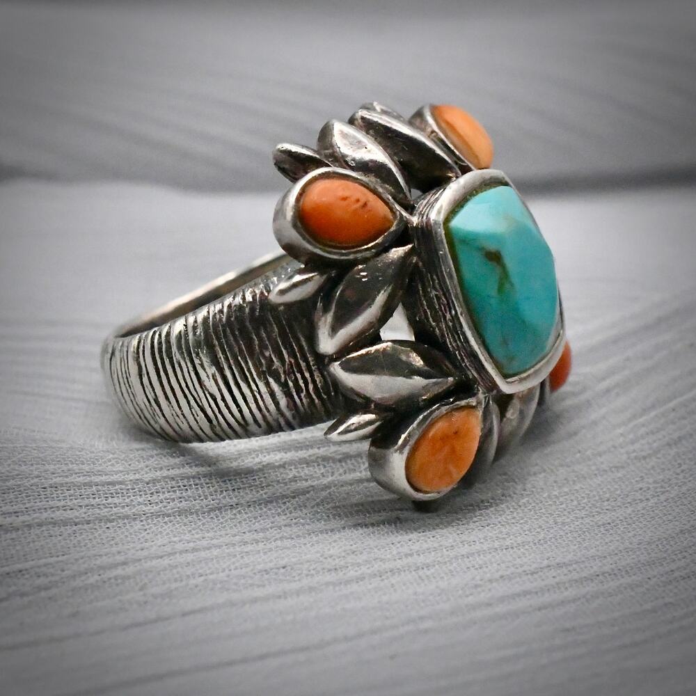Vintage Studio Barse 925 Sterling Silver Turquoise Coral Statement Ring 18.85g - Picture 5 of 11